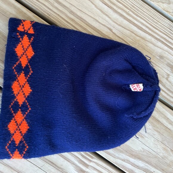 vintage beanie argyle acrylic blue orange yellow 70s winter hat knit - Picture 3 of 4